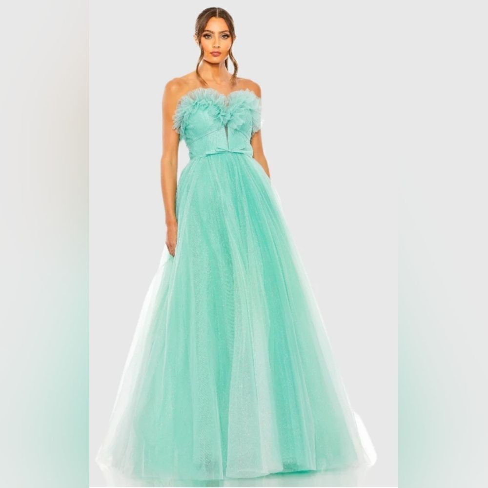 Mac Duggal 20555 Strapless Glitter Tulle Gown NWT size 4 Aqua Blue/Green